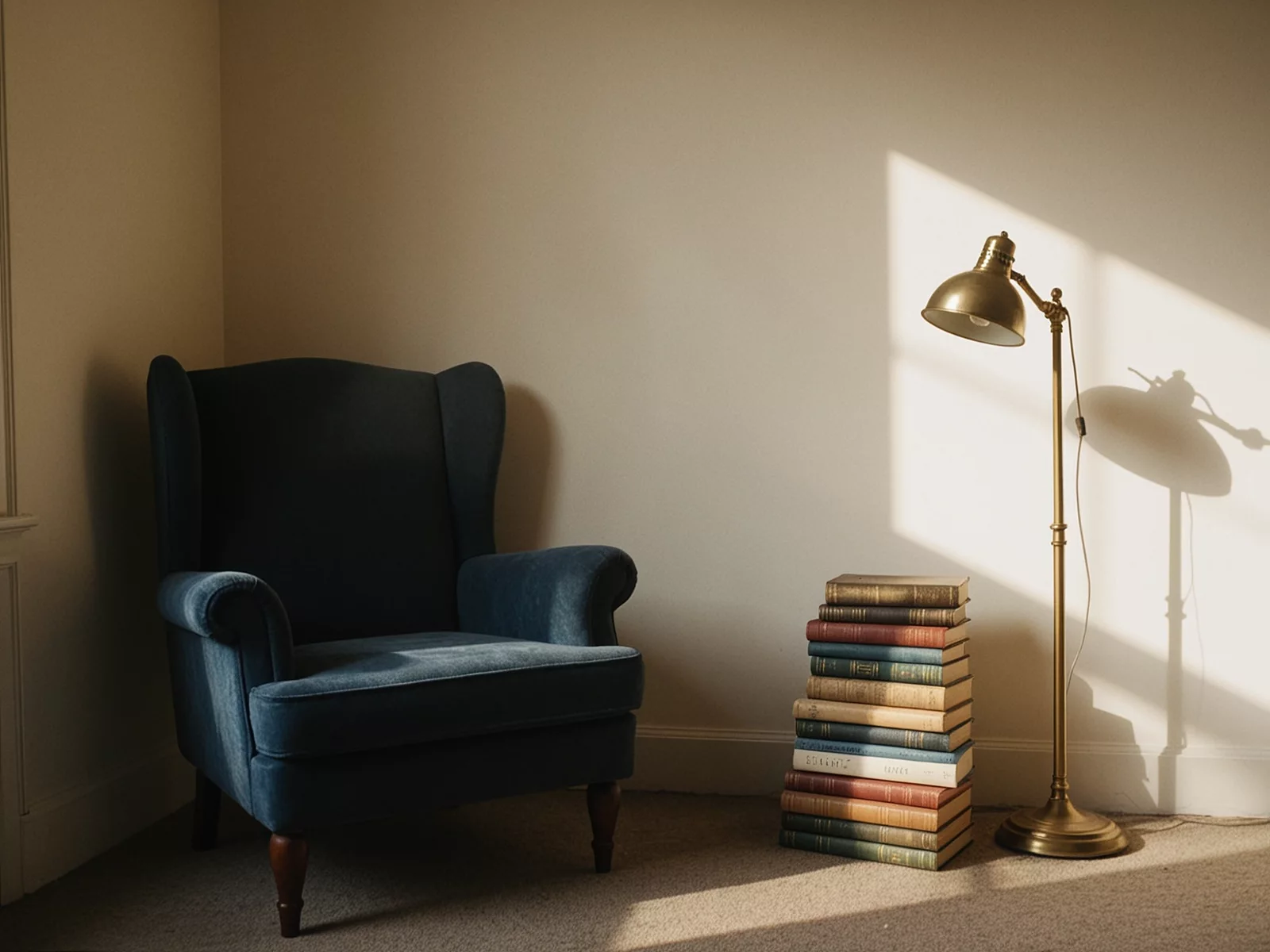 A quiet reading alcove with a navy velvet armchair, a brass lamp and a stack of cloth-bound books