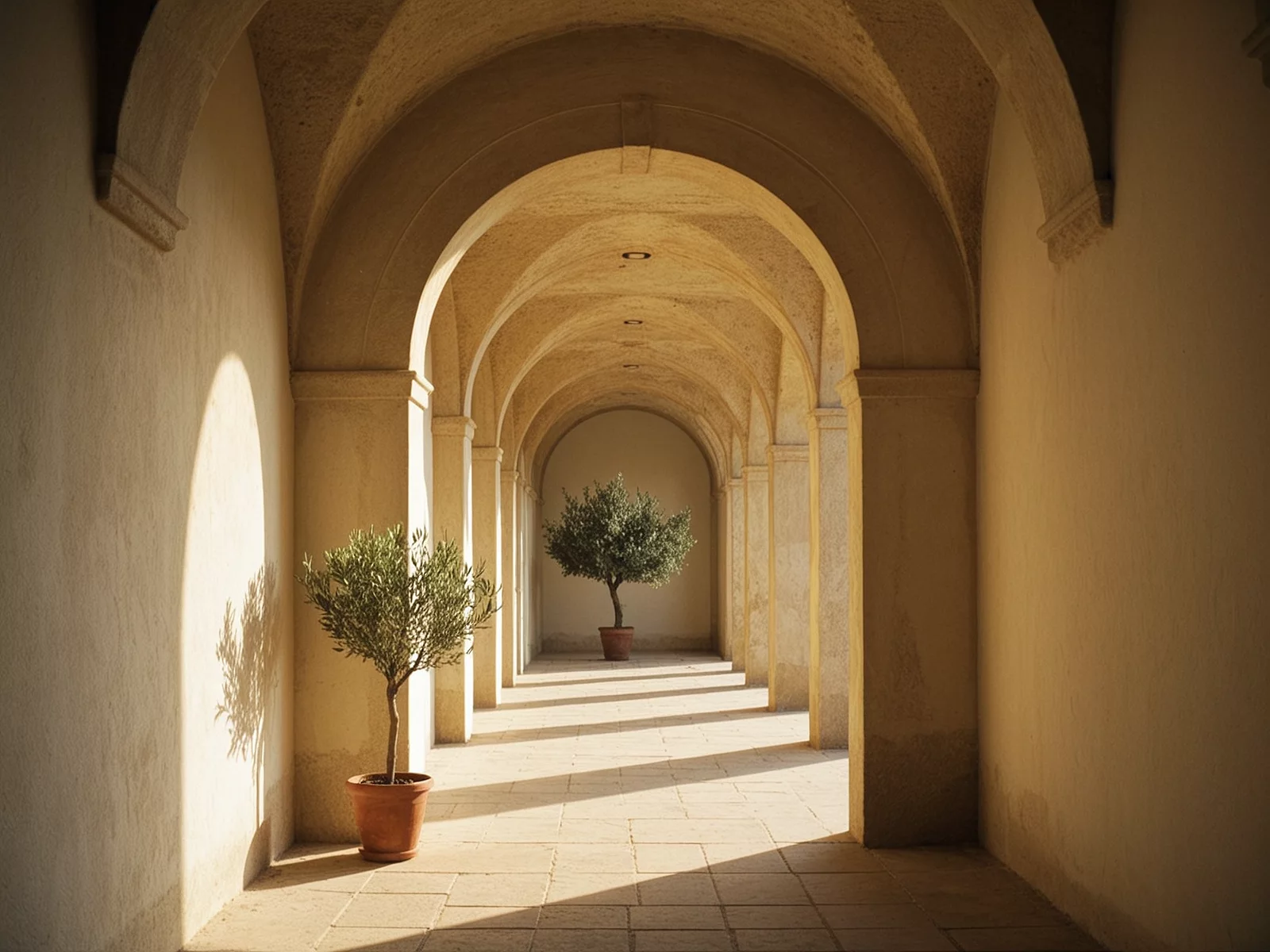 A sunlit corridor of limestone arches with a potted olive tree