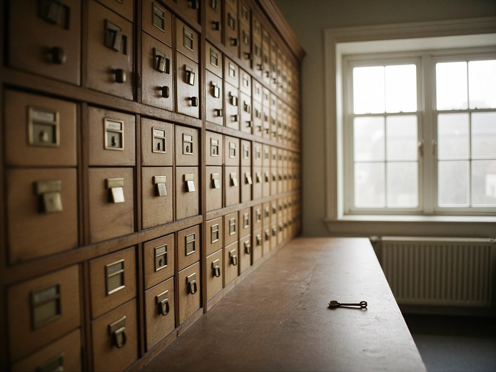 An archive room of wooden card drawers with a small brass key on the desk