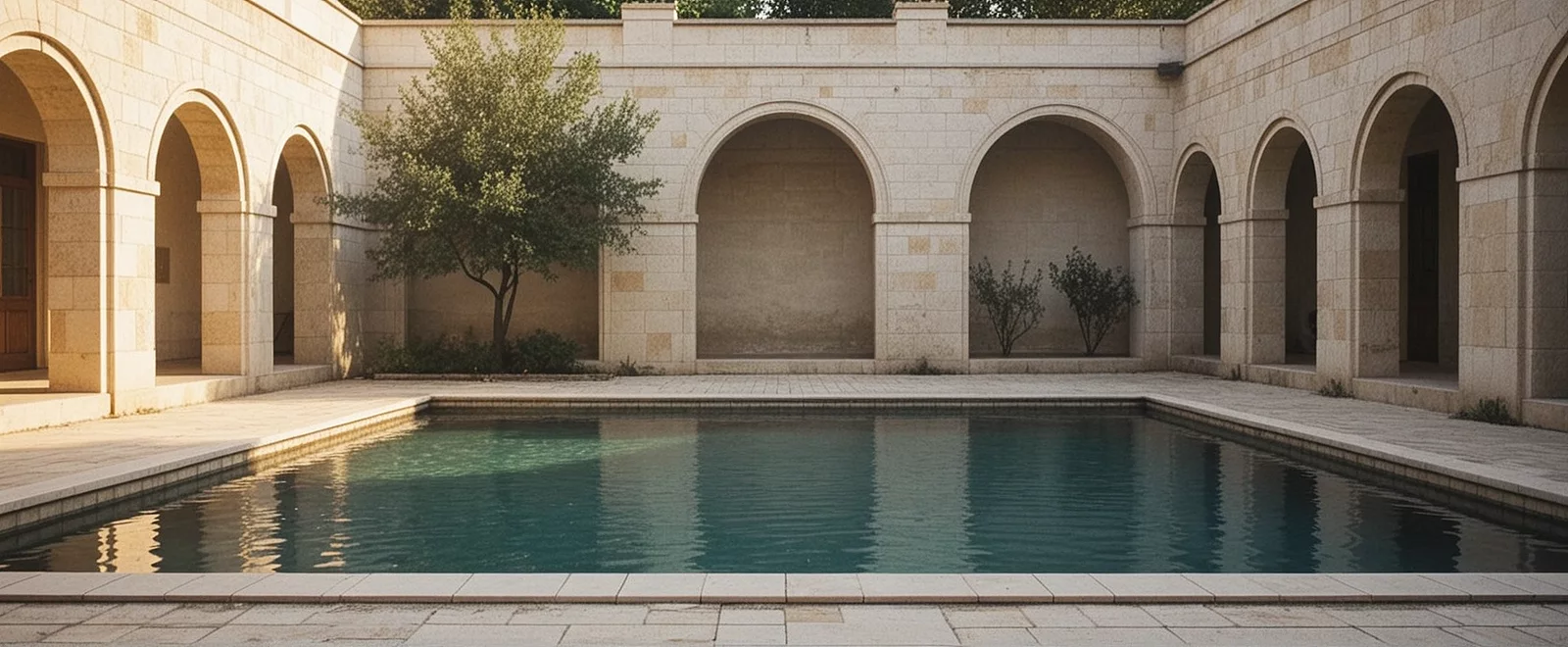 Still water in a quiet limestone courtyard pool at golden hour