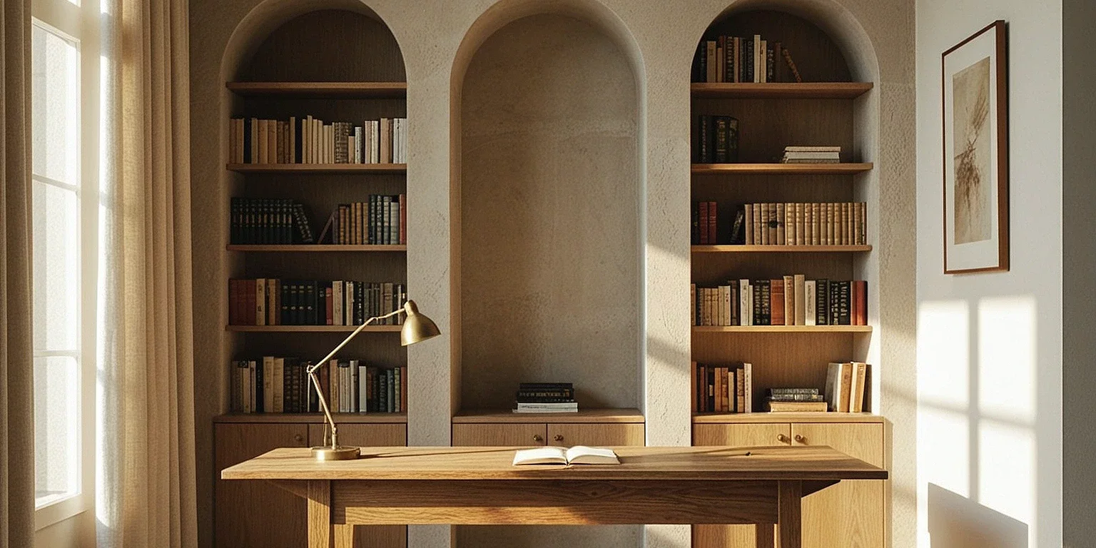 A private study at dawn: a long oak desk with a brass lamp, and books set into limestone alcoves